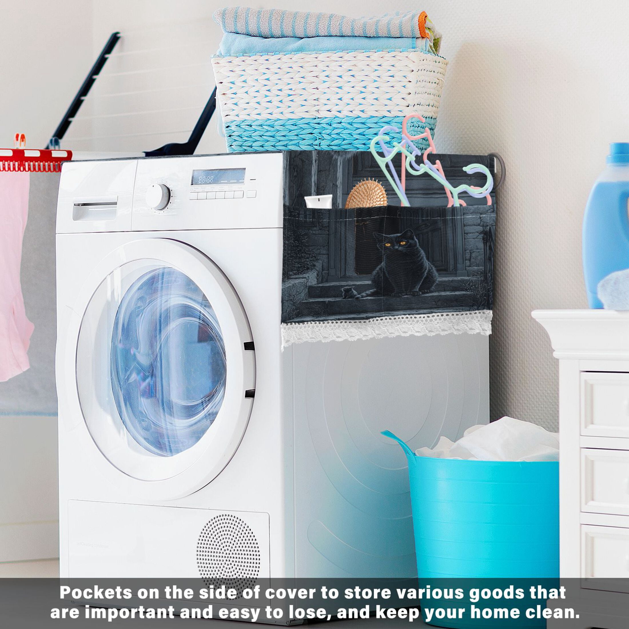 Washing Machine Cover 51.2x22in, Durable Polyester Dust Cover with Lace Trim and Side Pocket for Appliances Black Cat Guard
