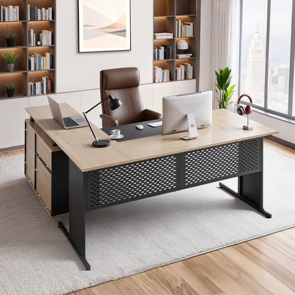 VEVOR L-Shaped Executive Desk, Modern Reversible Office Table with Drawers & Storage Cabinet, Heavy Duty Large Wooden Executive Table, 350 LBS Load Capacity, Easy Assembly, for Work Study Writing