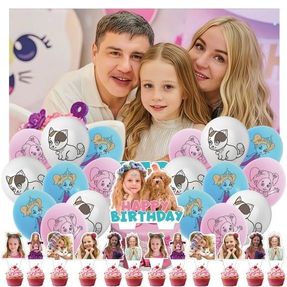 32 Pcs For Like Nastya Theme Birthday Party Supplies Party Favor Set,With 5*3ft Birthday Backdrop Decorations,13 Cupcake Toppers,18 Balloons,All in One Party Supply Set