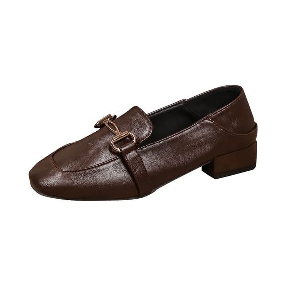 Xfvqtps Womens Low Heel Loafers Slip on Shoes with Metal Decor Vintage Style Casual Flat Shoes Comfortable Slip-On Walking Shoes Faux Leather Pumps Brown