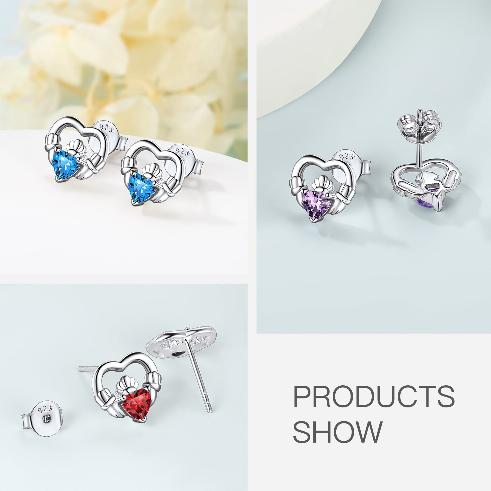 Suplight 925 Sterling Silver Claddagh Heart Earrings with Birthstone, Irish Celtic Jewelry for Women