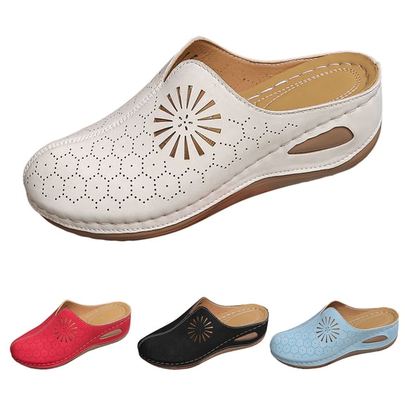 Modstep Orthopedic Wedge Mule Sandals for Women Closed Round Toe Cutout Slides with Arch Support Low Wedges Shoes for Vacation size 6.5 Beige