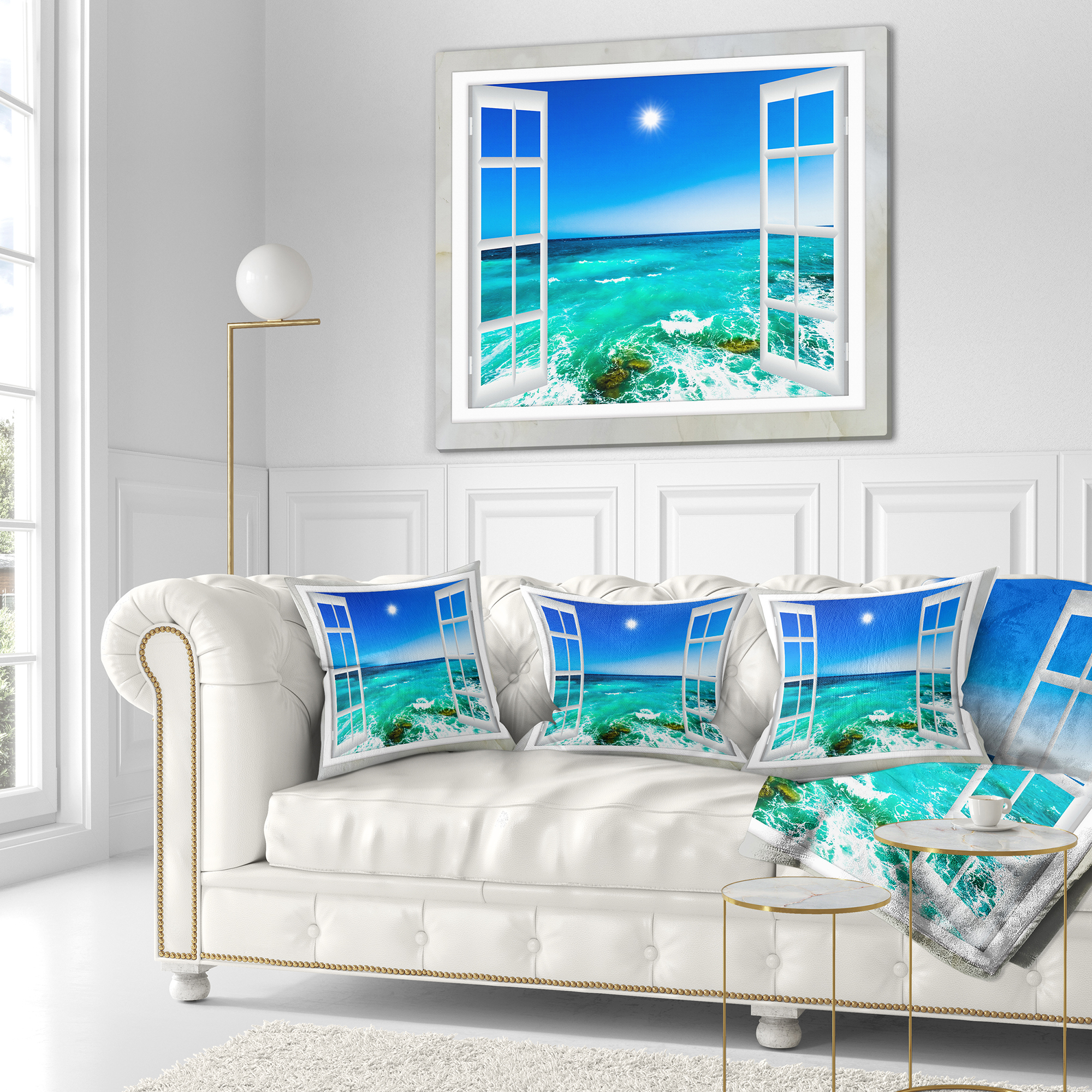 Designart Open Window to Wavy Ocean - Seashore Throw Pillow - 18x18