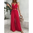 thumbnail image 4 of Women'S 2 Piece Outfits Sleeveless Tie Front Crop Top Wide Leg Pants Set Red XL, 4 of 7