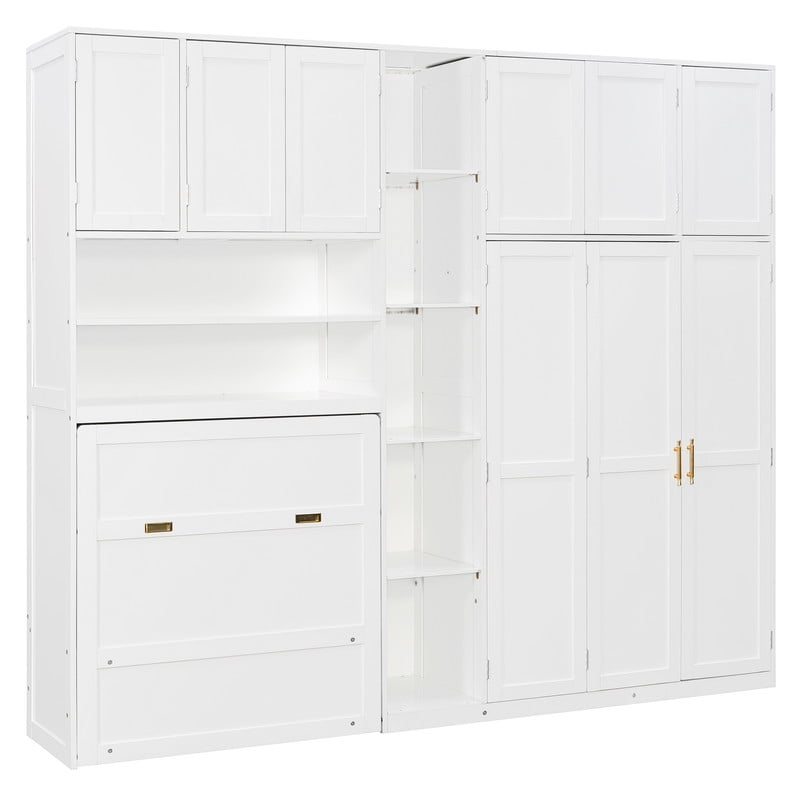 Twin Size Pull Out Murphy Bed with Wardrobe & Shelves, Storage Platform Bed Frame with LED Display Shelves & Overhead Cabinets