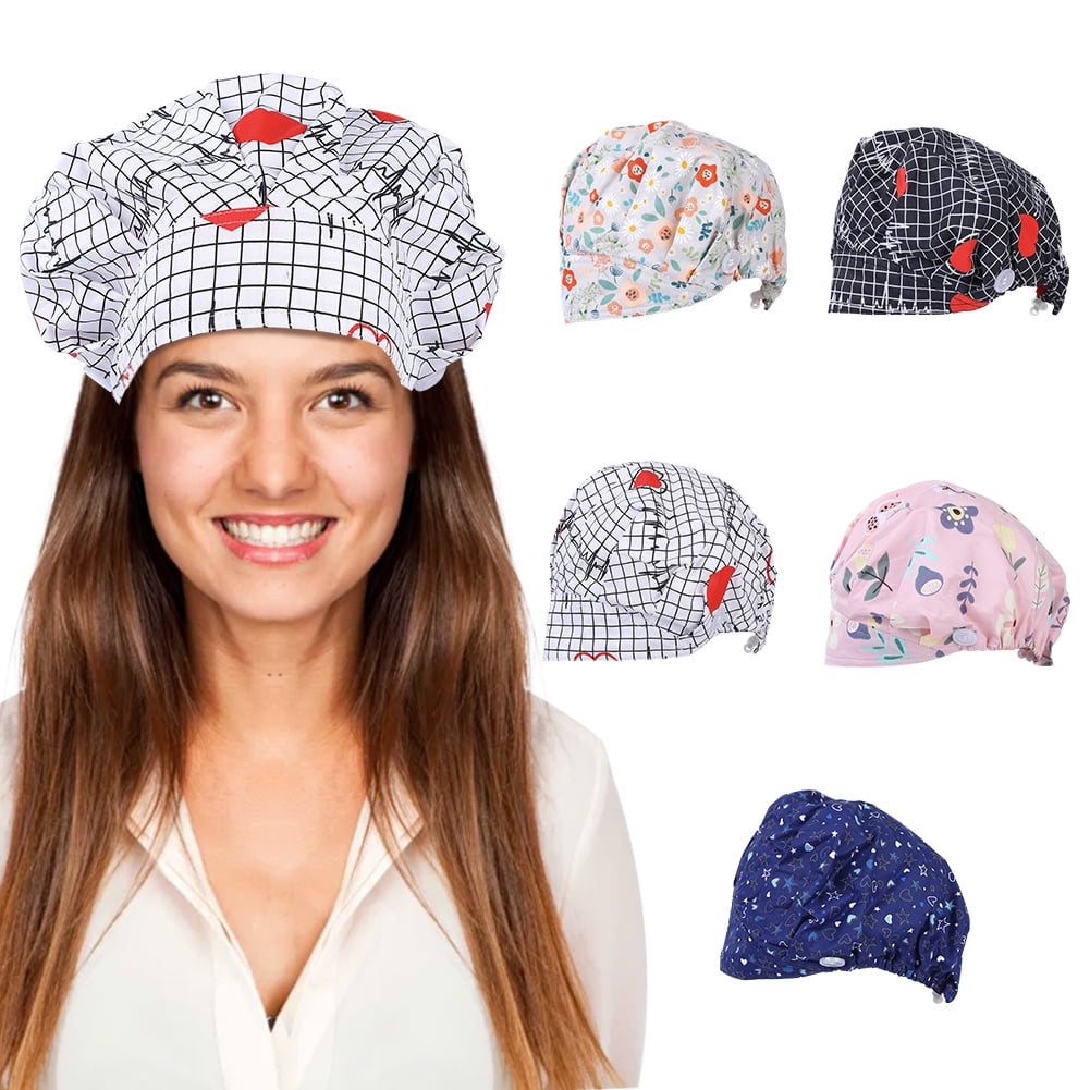 Tzou 5pcs Bouffant Scrub Caps Women with Buttons and Sweatband