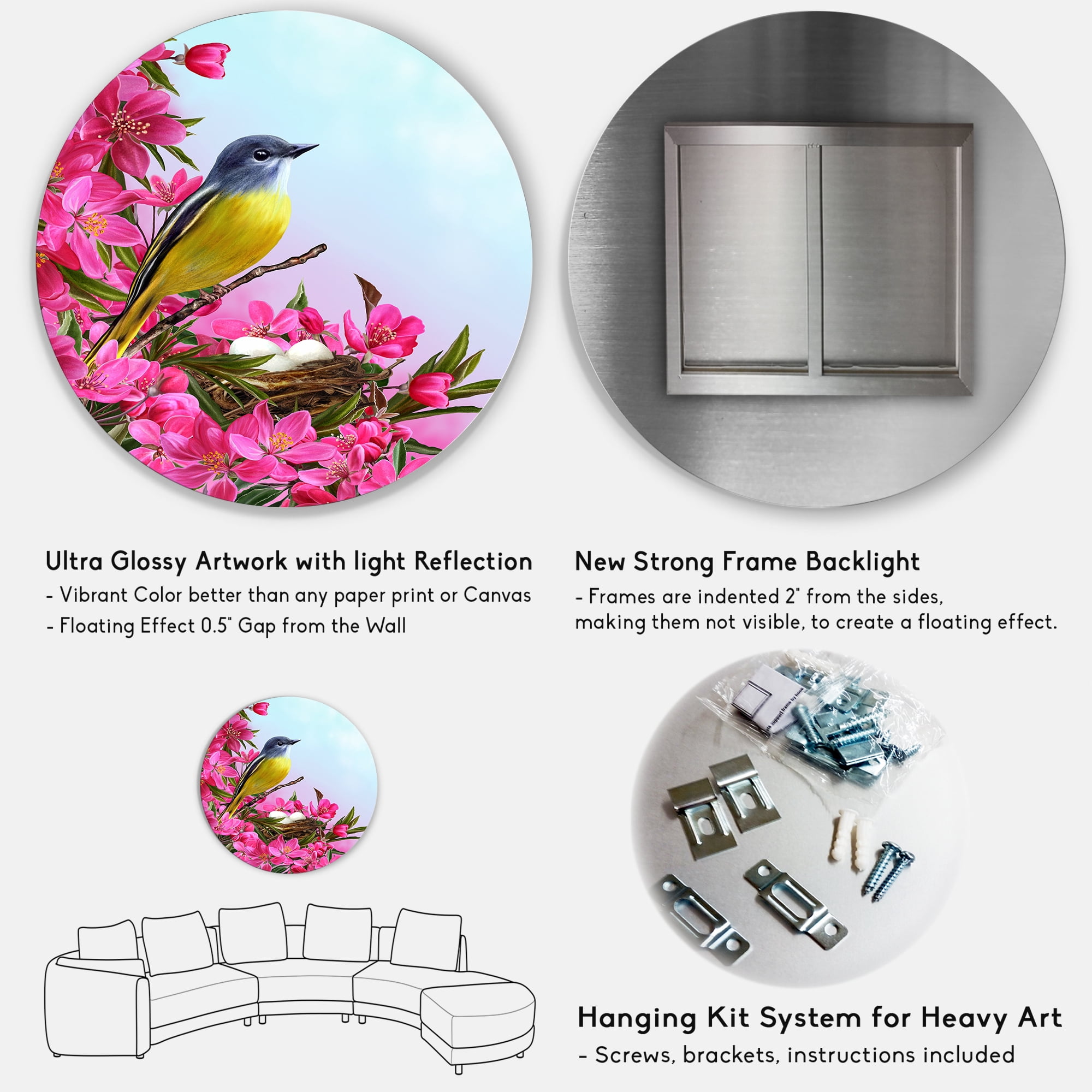 Designart 'Little Yellow Bird Near The Nest with Pink Flowers' Traditional Circle Metal Wall Art 36x36 - Disc of 36