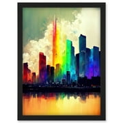 Glass City Of Rainbow Reflections Cityscape Artwork Framed Wall Art Print A4