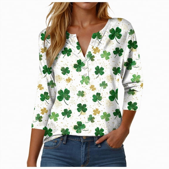 UngA Womens St Patrick Day Shirts Plus Size Funny V Neck 3/4 Sleeve Tops Shamrock Graphic Tshirt Irish Shirts Outfit,Size S