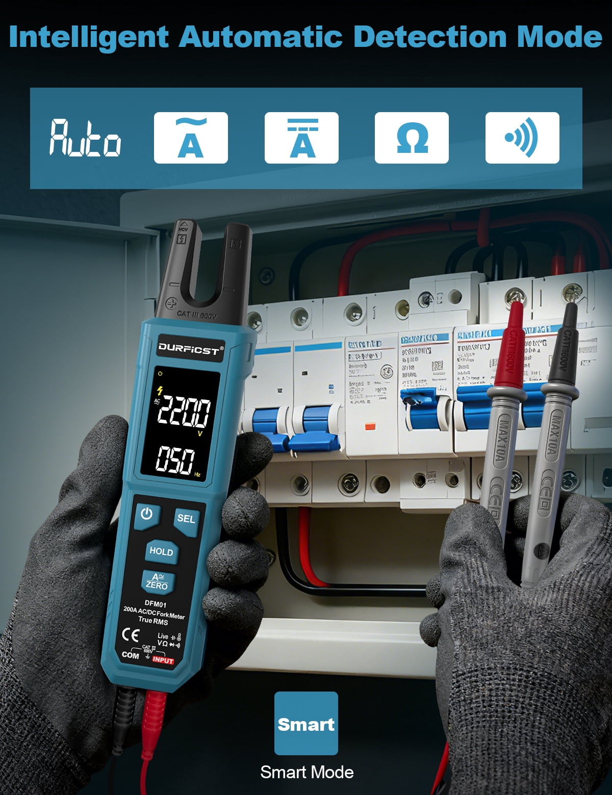 Clamp Meter, DURFICST Digital Auto Ranging Amp Meter TRMS 4000 Counts, Clamp Multimeter with AC/DC Current & Voltage, NCV, Resistance, Capacitance, Frequency, Continuity, Live Wire, Temperature Test