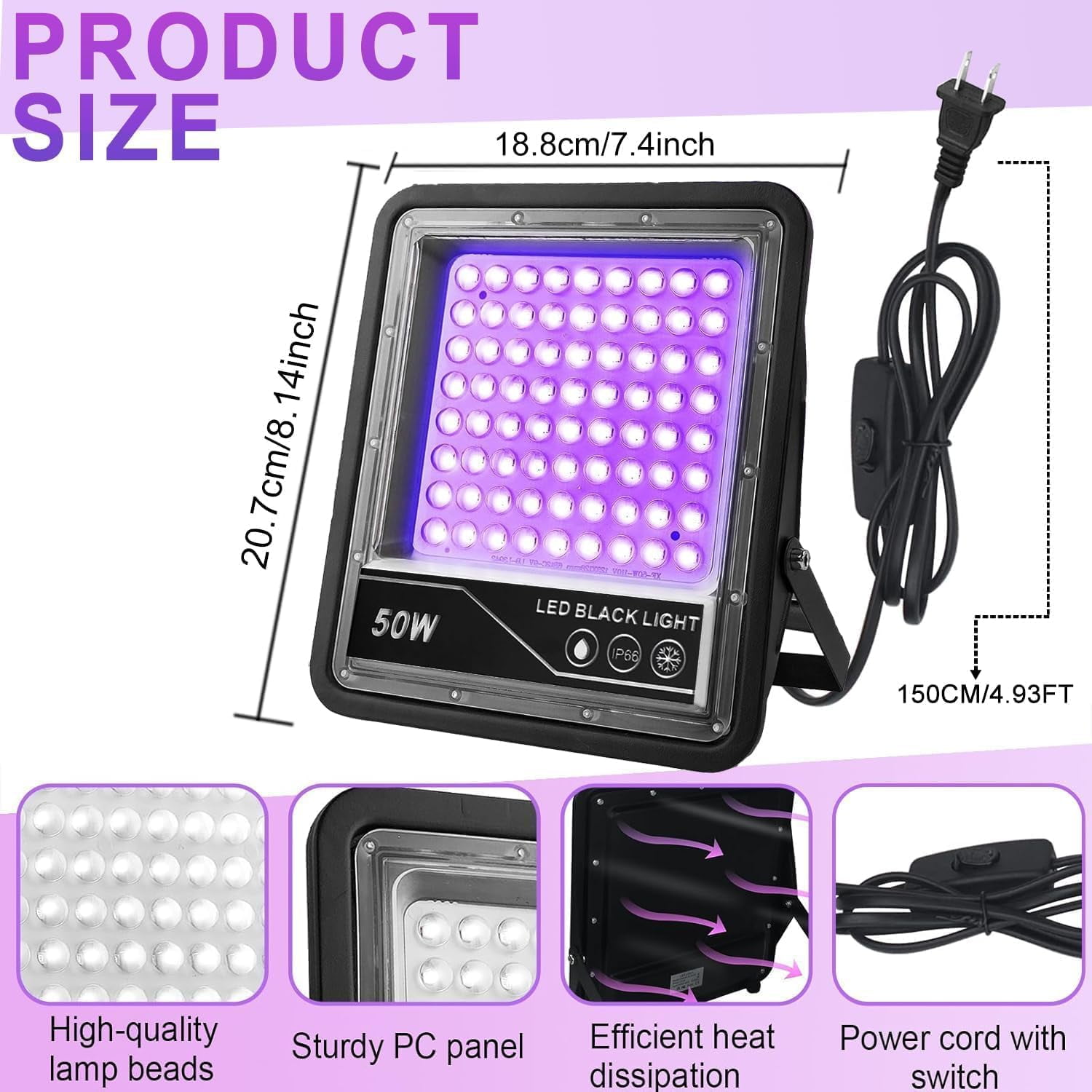50W LED Black Light, OUSIDE Black Lights for Glow Party, IP66 Waterproof Blacklight UV Flood Light, Glow in The Dark, Upgraded UV Light for Party, Halloween, Body Painting