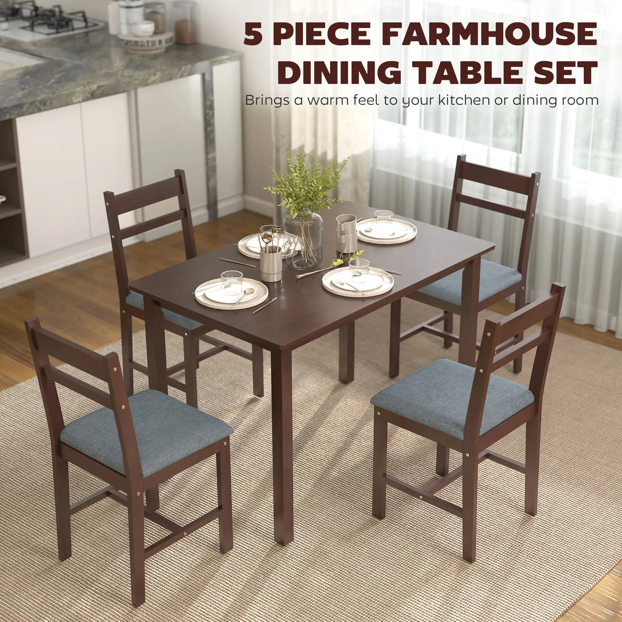 5-Piece Dining Room Set for 4, Rubberwood Table and Chairs with Linen Upholstery, Gray/Walnut