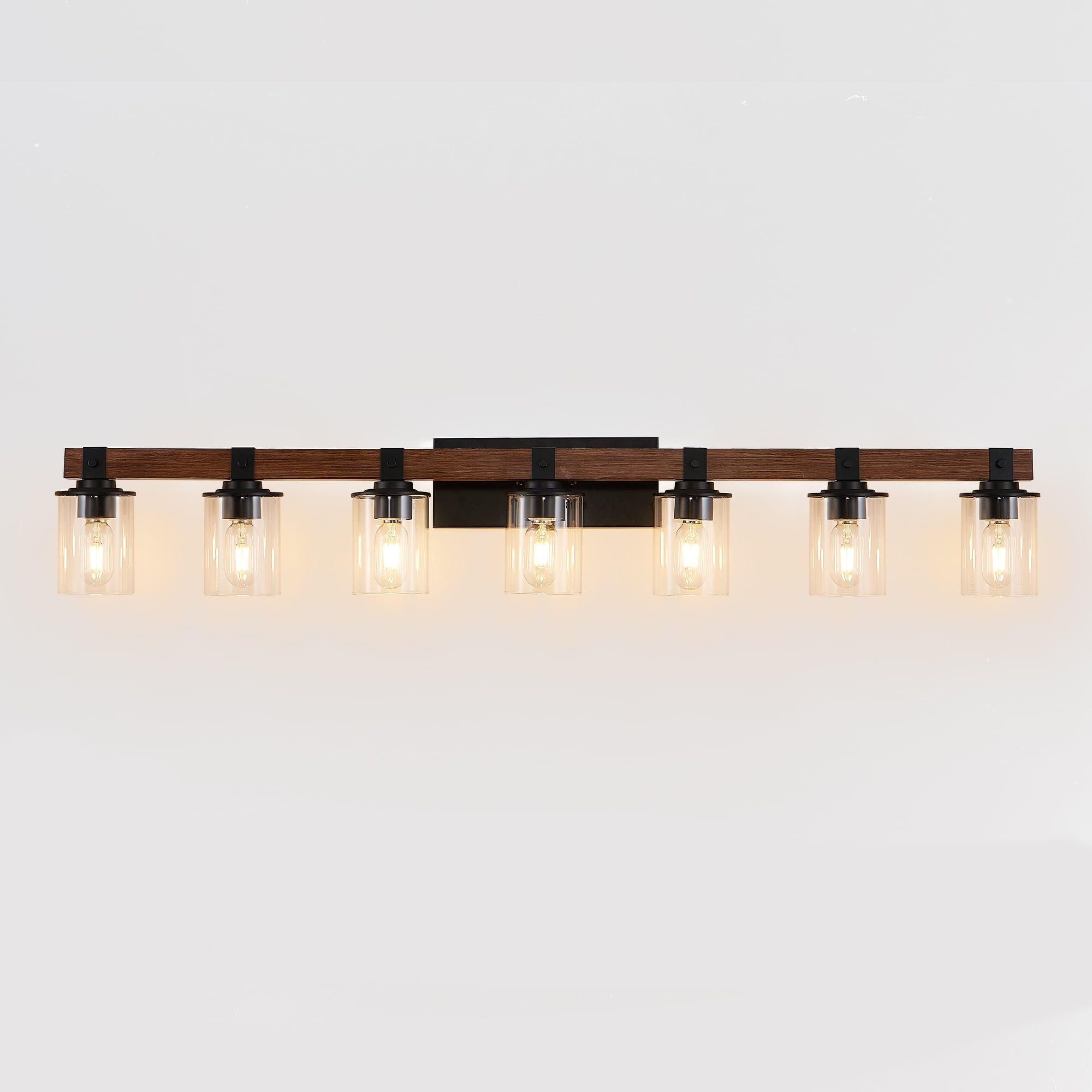 Farmhouse Bathroom Light Fixtures Over Mirror, Classic Wood Vanity with Clear Glass Shade,7-Light Black 50 in Wall Sconce for Bathroom, Bedroom
