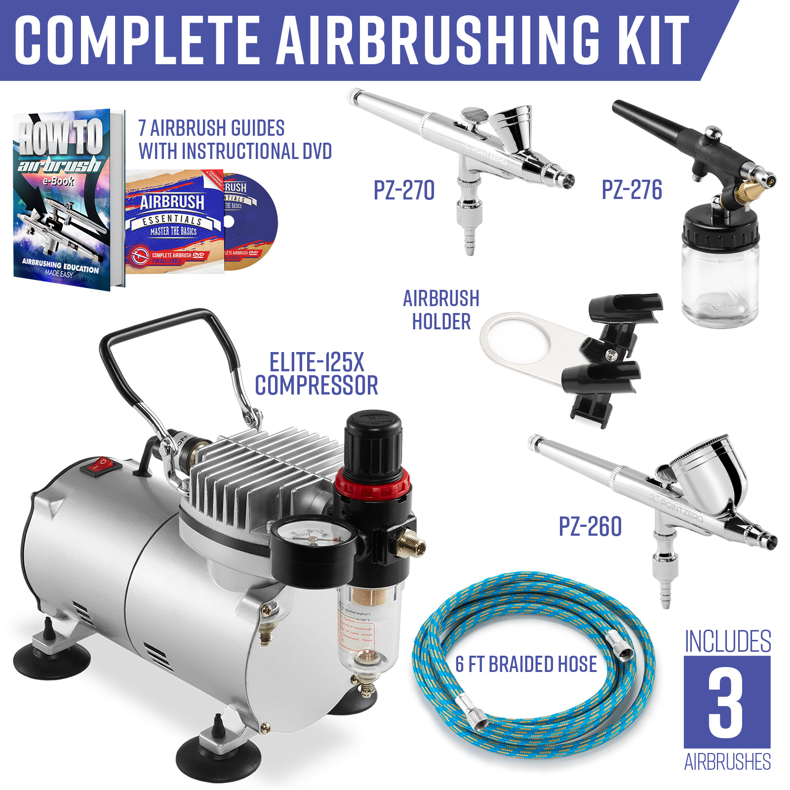 Point Zero Airbrush Dual Action Airbrush Kit With 3 Airbrushes