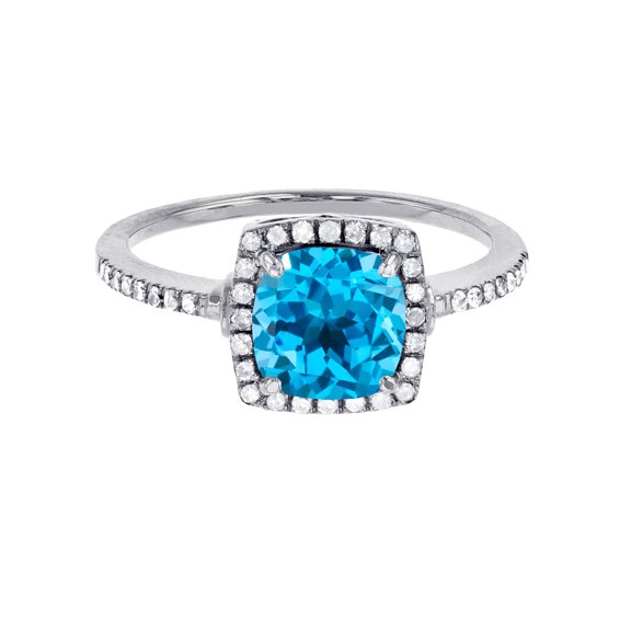Decadence Sterling Silver Rhodium 7mm Cushion Swiss Blue Topaz & Cr White Sapphire Halo Ring