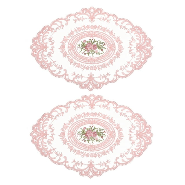 2 Paquetes Salvamanteles de Encaje Retro 12X16-In Oval Embroidered Table Place Mats French Crochet Doilies Coasters Cup Mat For Home Wedding, Pink