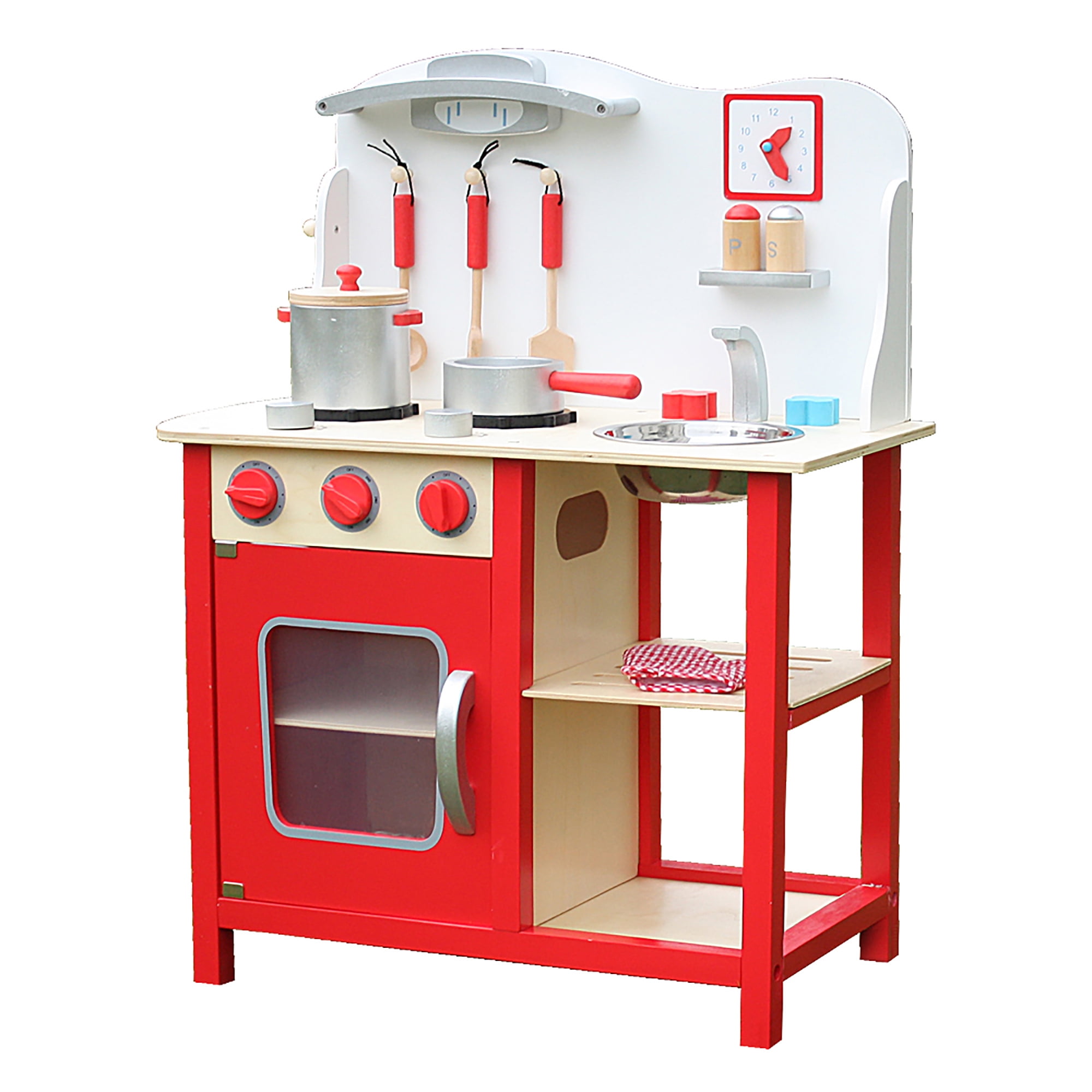Kepooman Kids Wood Kitchen Cooking Pretend Play Set with Kitchenware & Clock for Children, Red Kepooman Kids Wood Kitchen Cooking Pretend Play Set with Kitchenware & Clock for Children, Red