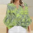 thumbnail image 2 of Lime Green Lounge Tops for Women Fall Summer Ruffle 3/4 Length Bell Sleeve Vneck Floral Graphic Loose Fit Ruched Tops Blouses Shirts Teen Girls 2025 Clothes XL, 2 of 4