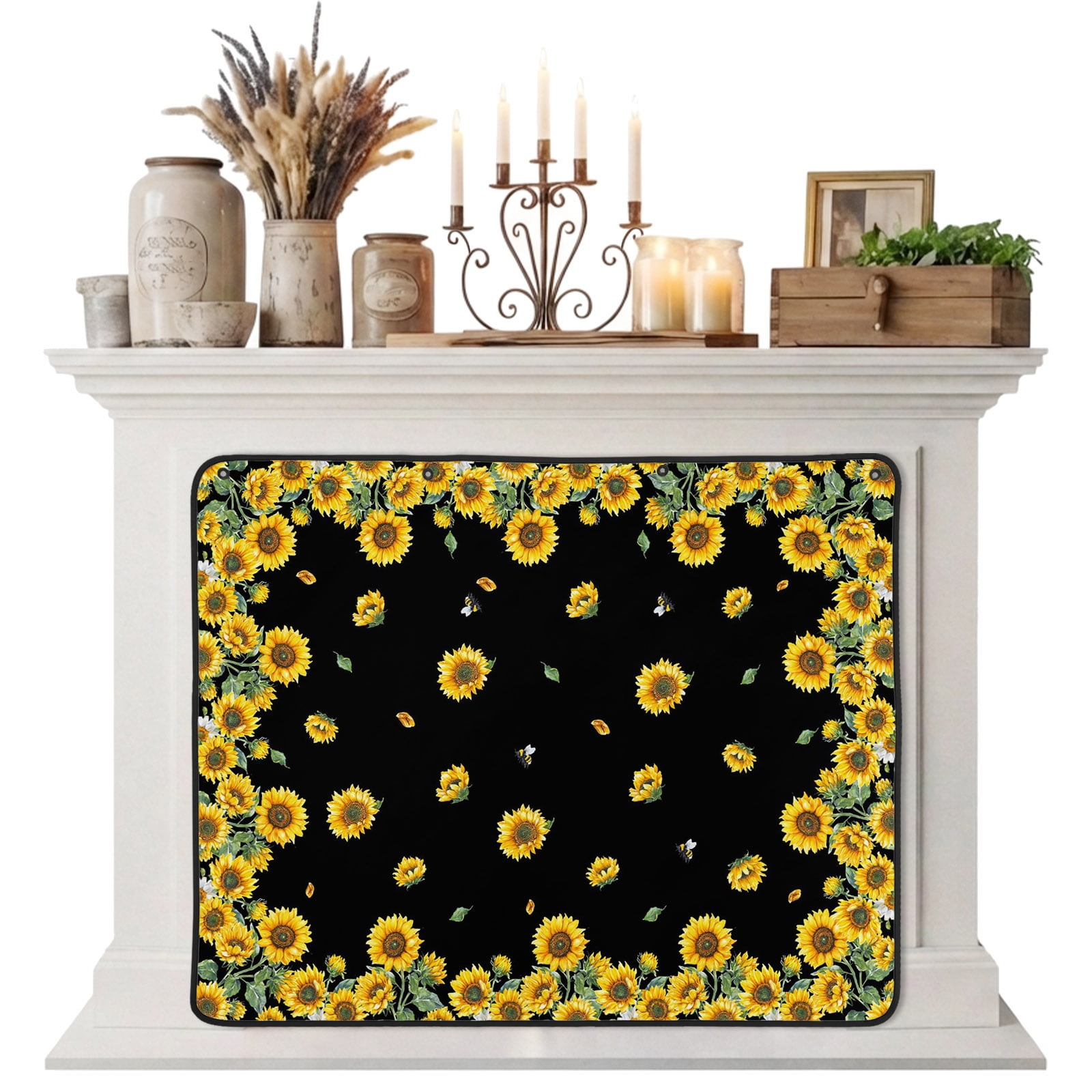 Magnetic Fireplace Cover Sunflower Fireplace Screen Bee Farmhouse Floral Black Insulation Fireplace Blocker Blanket Save Energy Fireplace Draft Stopper Covers for Living Room 39x32