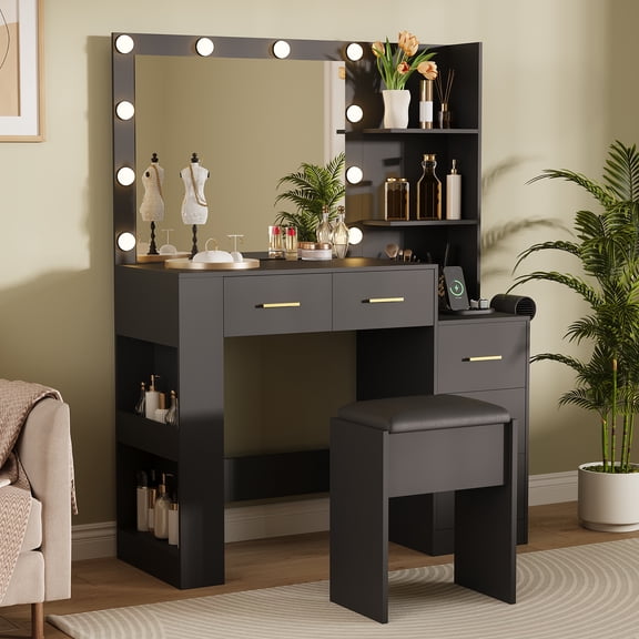 41" Lighted Makeup Vanity with 10-Bulb LED Mirror, 3-Color Lighting, 5 Drawers & Built-in Outlets – Includes Cushioned Stool for Bedroom Dressing Table
