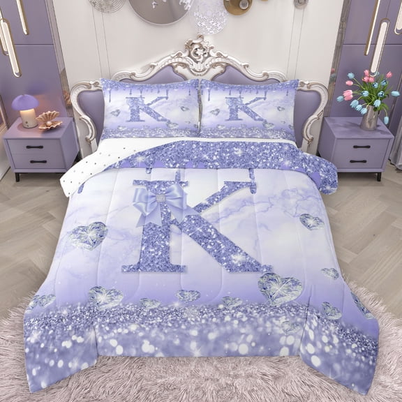 Homewish Purple Sequin Print K Bedding Comforter Set for Kids, Romantic Diamond Love Heart Twin Comforter Sets, Fashion Mabrling Abstract Reversible Bedding Set, Luxury Bedroom Decor, 2-Piece