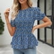 thumbnail image 2 of Blusa de verano con mangas abullonadas y cuello fruncido elástico, dobladillo con volados y estampado floral en color azul L, 2 of 6