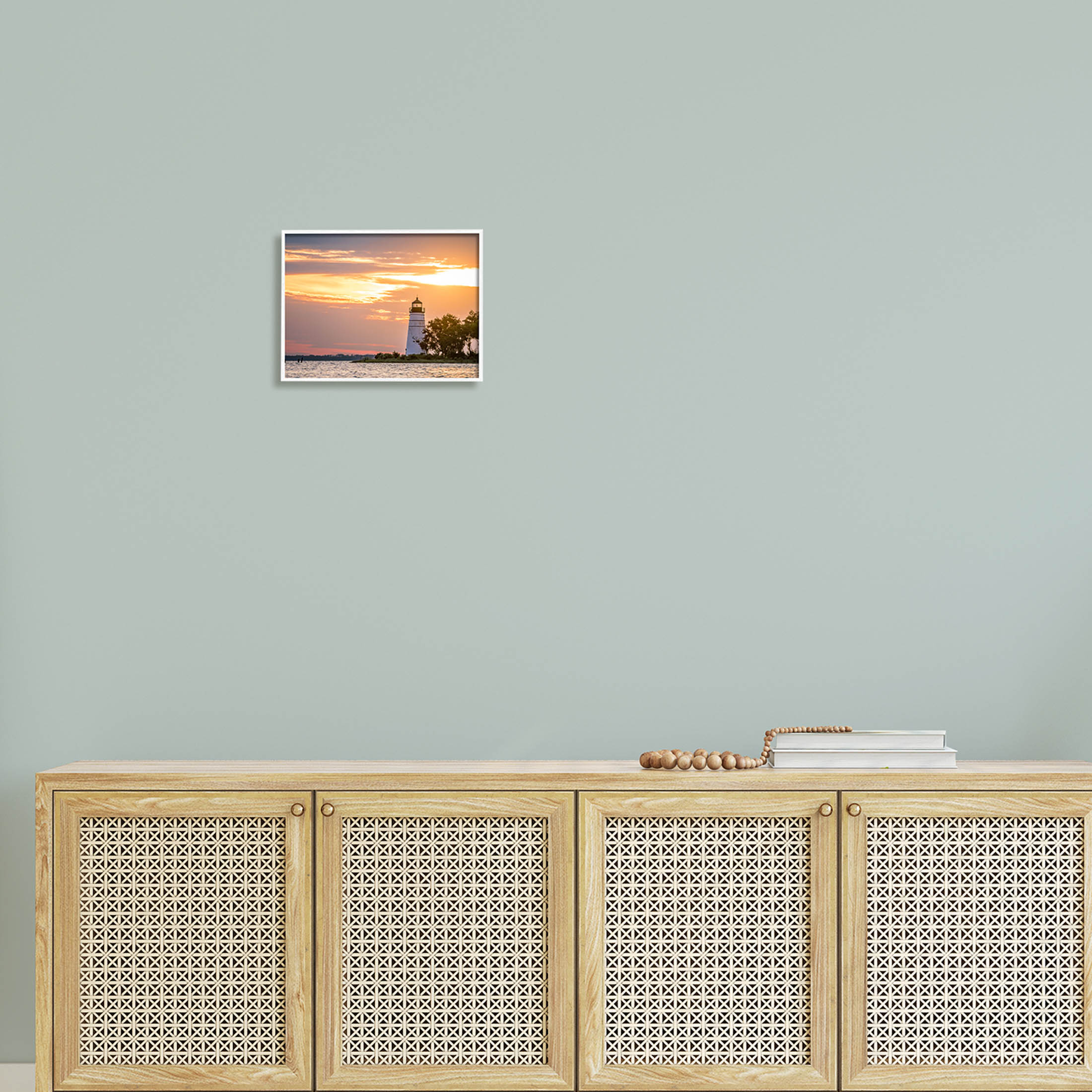 Nautical Lighthouse Sunset Horizon Coastal Photograph White Framed Art Print Wall Art