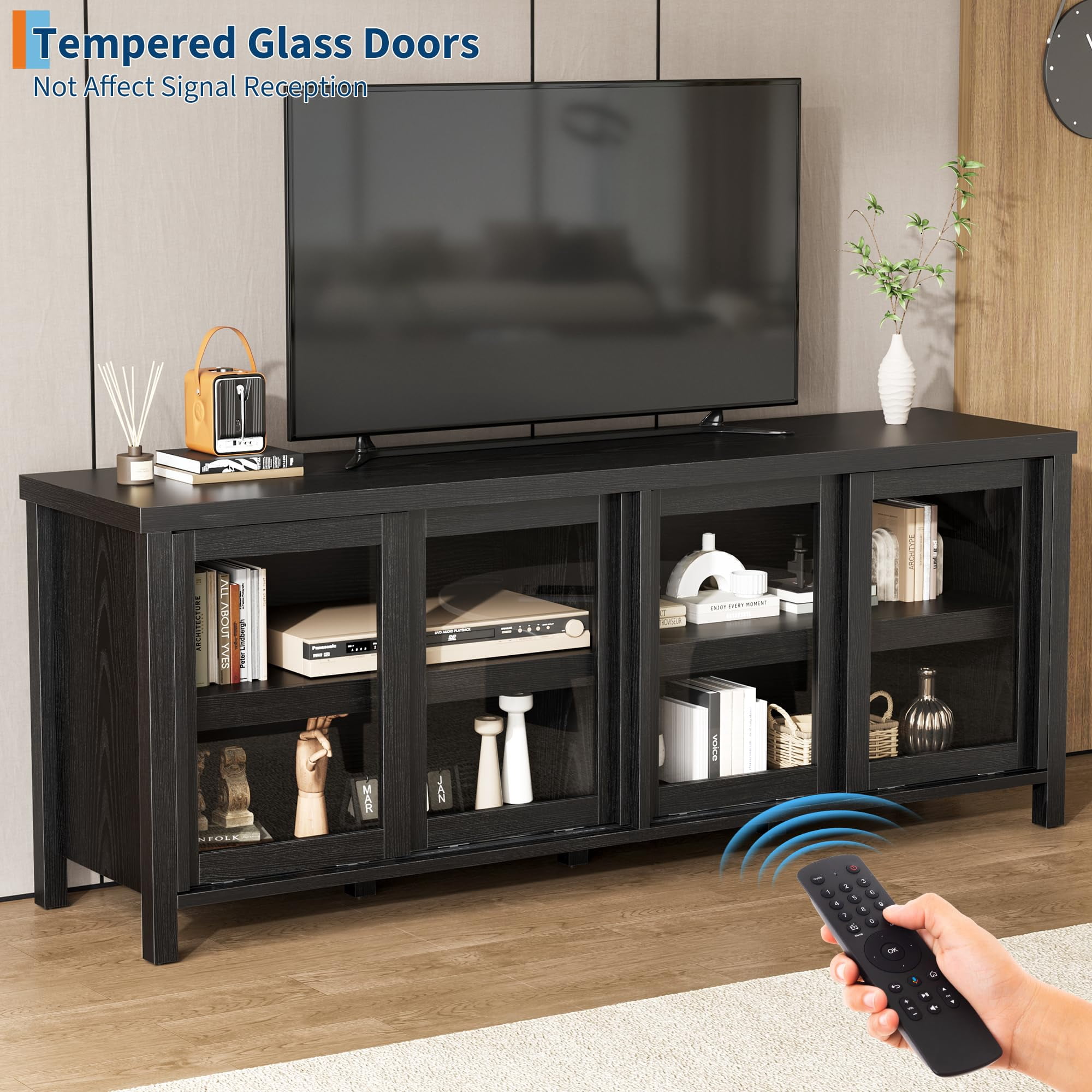 62" Farmhouse TV Stand for TVs up to 75 Inch - Entertainment Center with Glass Sliding Doors & Adjustable Shelves - Large Storage Media Console for Living Room & Bedroom - Black / Gray / Retro
