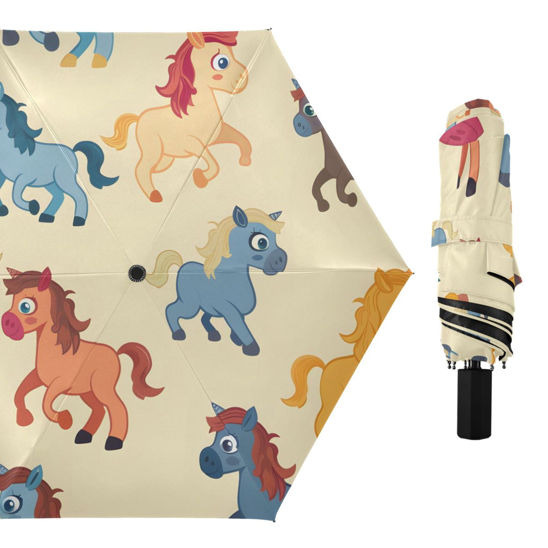 ALAZA Cartoon Horse UPF 50+ Compact Folding Umbrella for Rain Travel Umbrella Packable
