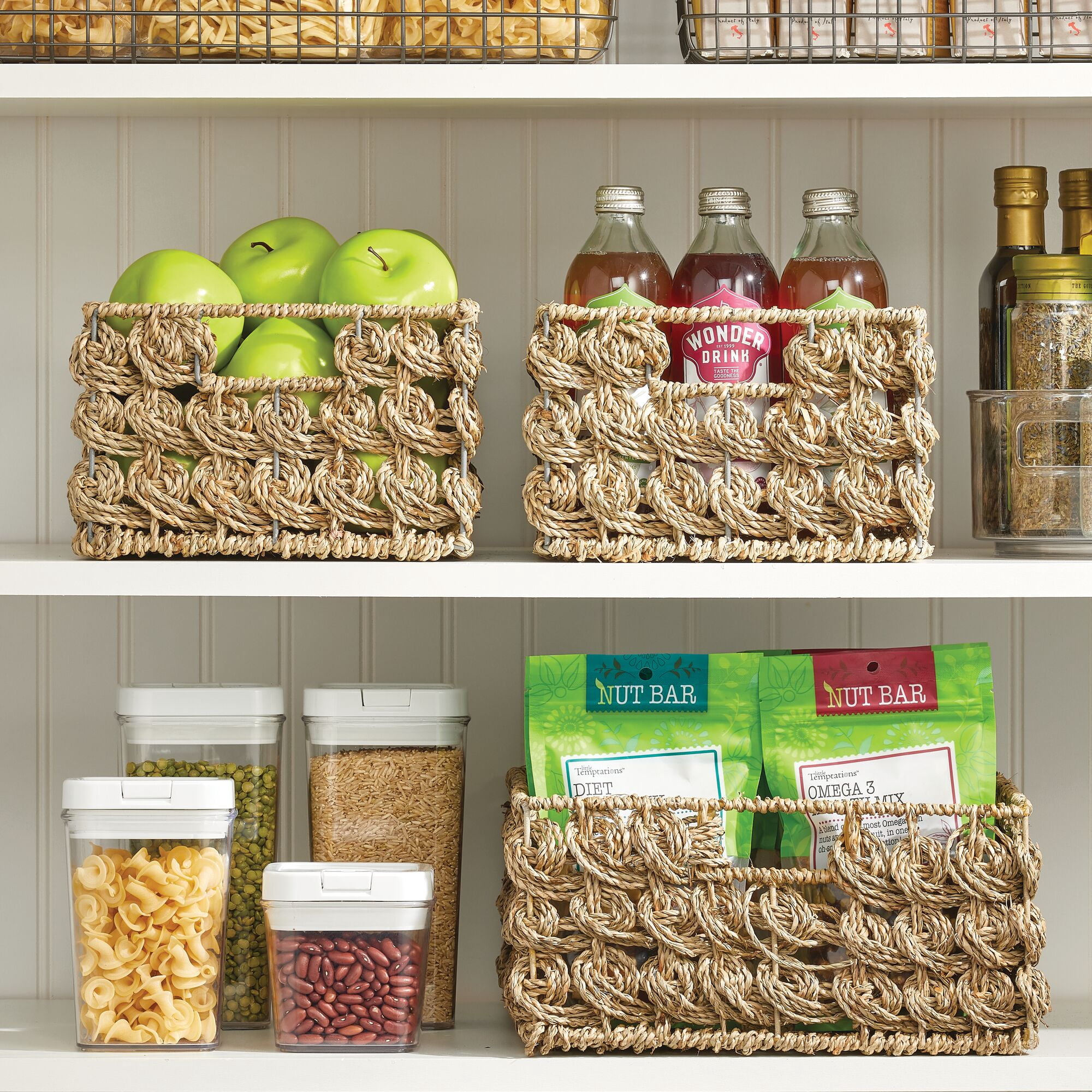 mDesign Seagrass Rose Weave Household Basket with Handles, 3 Pack, Natural/Tan