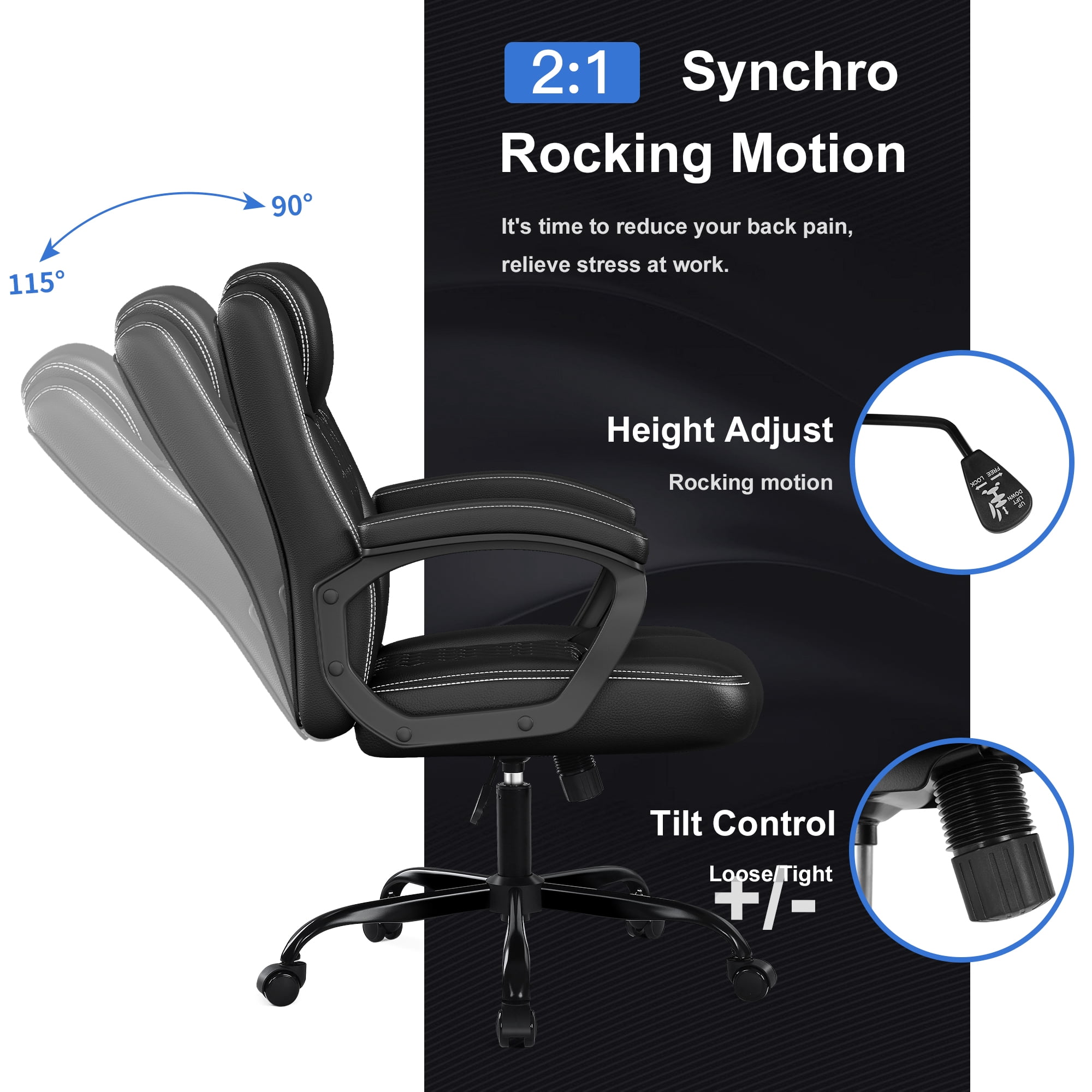Misolant Office Chair, Executive Desk Chair, PU Leather Comfortable Executive Chairs with Fixed Armrest, Adjustable Height, Rocking Function, 360° Swivel Wheels