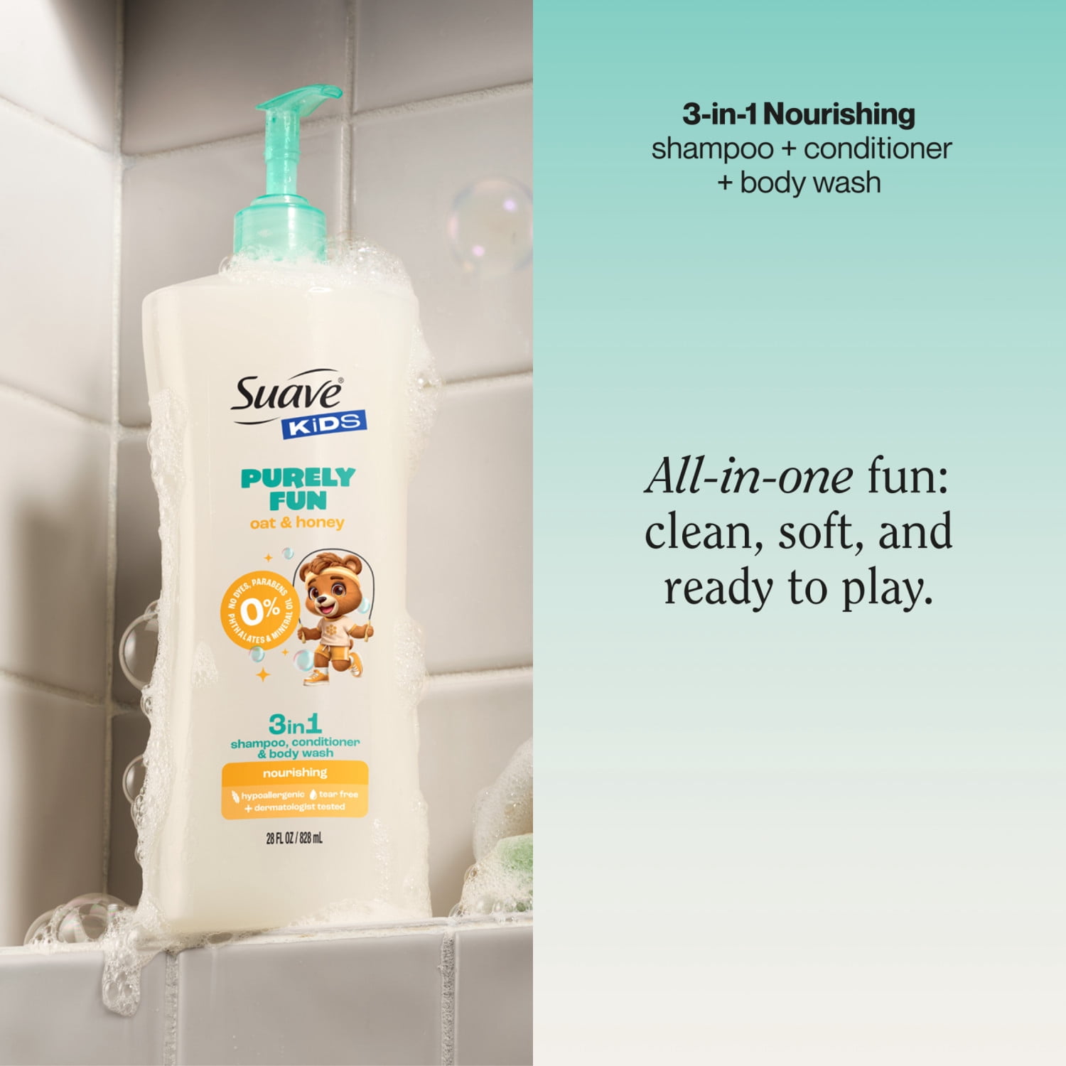 Suave Kids Purely Fun 3 in 1 Shampoo, Conditioner & Body Wash with Oat & Honey, 28 FL OZ