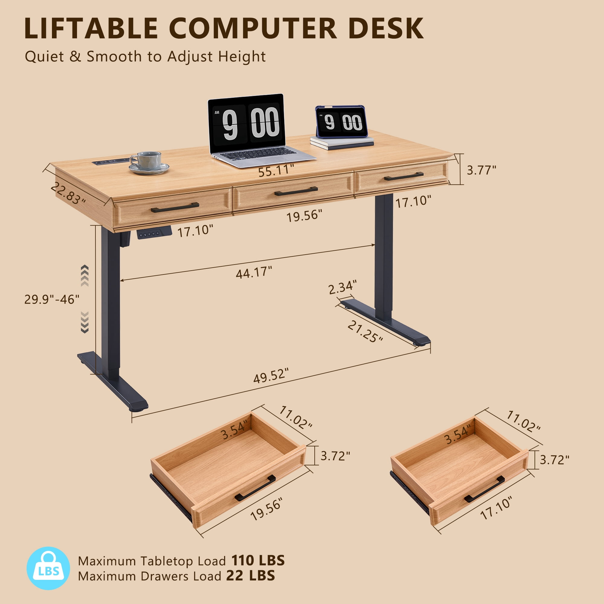 wow97e Electric Standing Desk, 55" x 22" Adjustable Height Office Computer Desk with 3 Storage Drawers, Sit Stand Up Desk with Power Outlets for Study and Home
