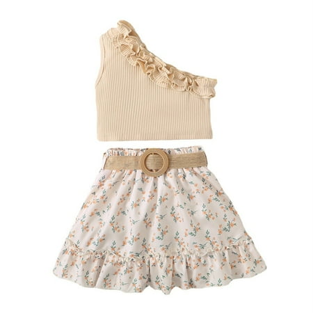

Infant Baby Girl Outfits One Line Shoulder Solid Color Top Short Skirt Floral Print Children S Clothes for Girls Size 18-24Months
