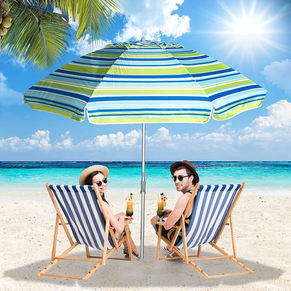 7 ft Beach Umbrella for Sand with Tilt/Sand Anchor/Carry Bag/, Stripe Blue and Green,UV 50 UPF 100