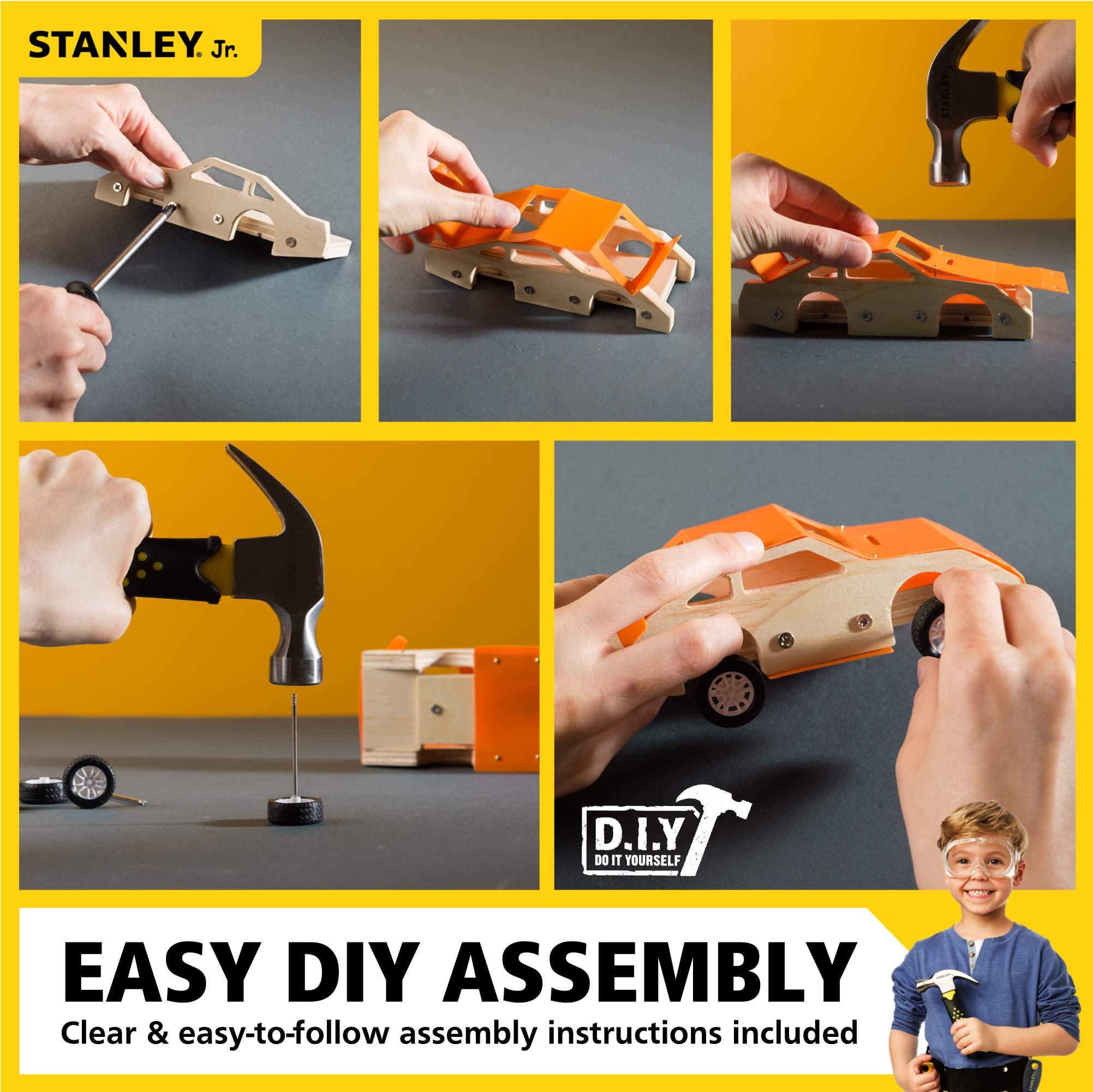 STANLEY Jr. Custom Orange Race Car - DIY Woodworking Model Kits for Kids - Easy to Assemble Race Car Building Set - Wood Race car Kit - Wooden Crafts - Paint & Decals Included