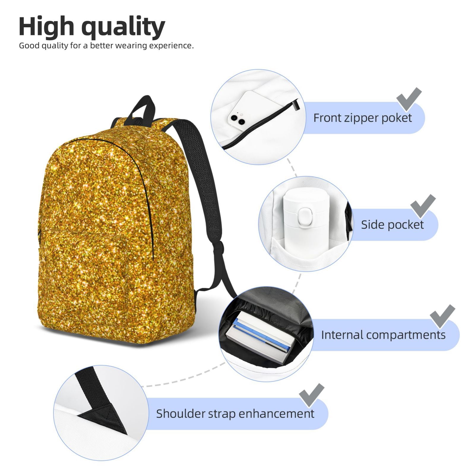 Rateoe Gold Glitter Pattern Canvas College Laptop Backpack,Travel Daypack,Durable Rucksack Travel Notebook Bag School Backpack Book Bag for Men Women-Small