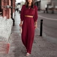 thumbnail image 4 of 2 Piece Outfits Solid Color Fall Clothes for Women 2023 Casual Blouses for Women Dressy Casual Long Sleeve Loose Crop Top Fashion Workout Linen Pants Going Out Outfits for Women(Red,L), 4 of 9