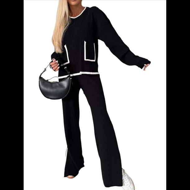 Conjunto de 2 Piezas para Mujer: Jersey de Punto de Larga Informal y Pantalón de Pierna . Conjunto Deportivo para Estar en Casa. Negro S
