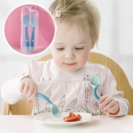 

Hands DIY 2pcs Baby Utensils Set Plastic Training Fork Spoon 360 Degrees Bendable Round Edge Heat Resistant Auxiliary Fork Spoon with Storage Box for Baby Kids Children Feeding