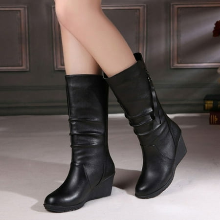 

Yinguo Fashion Women Keep Warm Wedges Artificial Leather Zipper Mid Calf Boots Round Toe Shoes