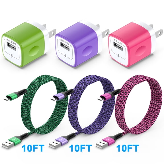 Compatible with iPhone Charger Fast Charging AILKIN 3Pack Charger Block with 10ft Cord Charging Block Plug Power USB Wall Charger Adapter Compatible with iPhone 14/13/12/11(Purple/Pink/Green)