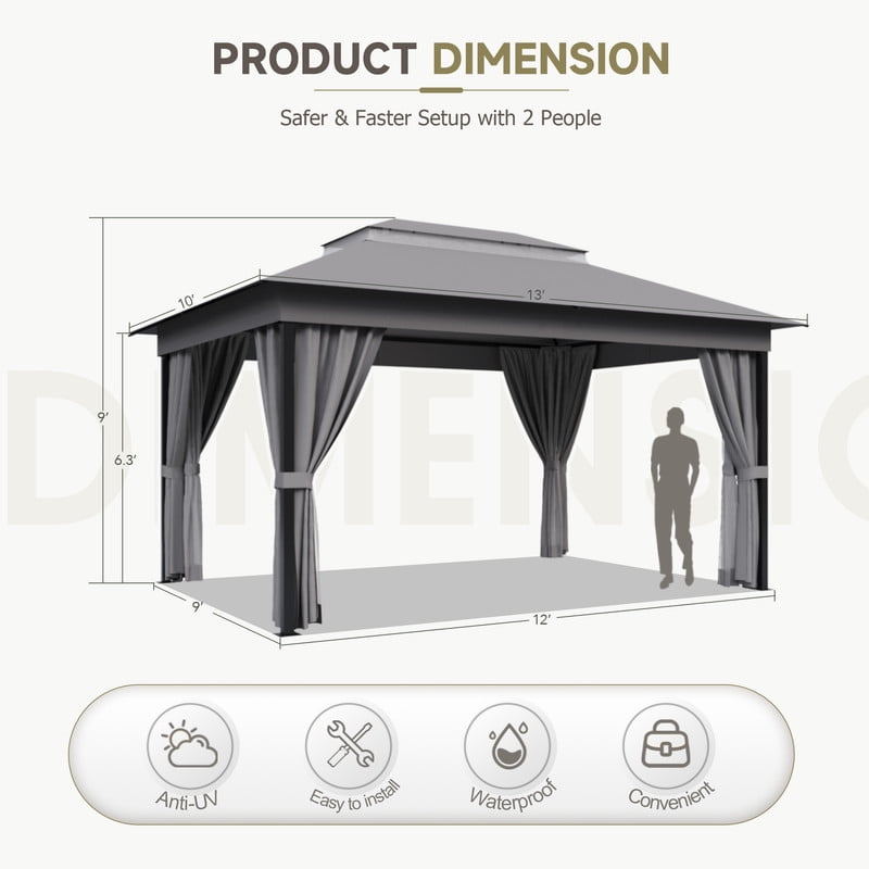 Devoko 10×13 ft Outdoor Pop Up Gazebo with Mosquito Netting，Double Roof Gazebo with Double Curtains for Backyard, Garden and Patio,Gray