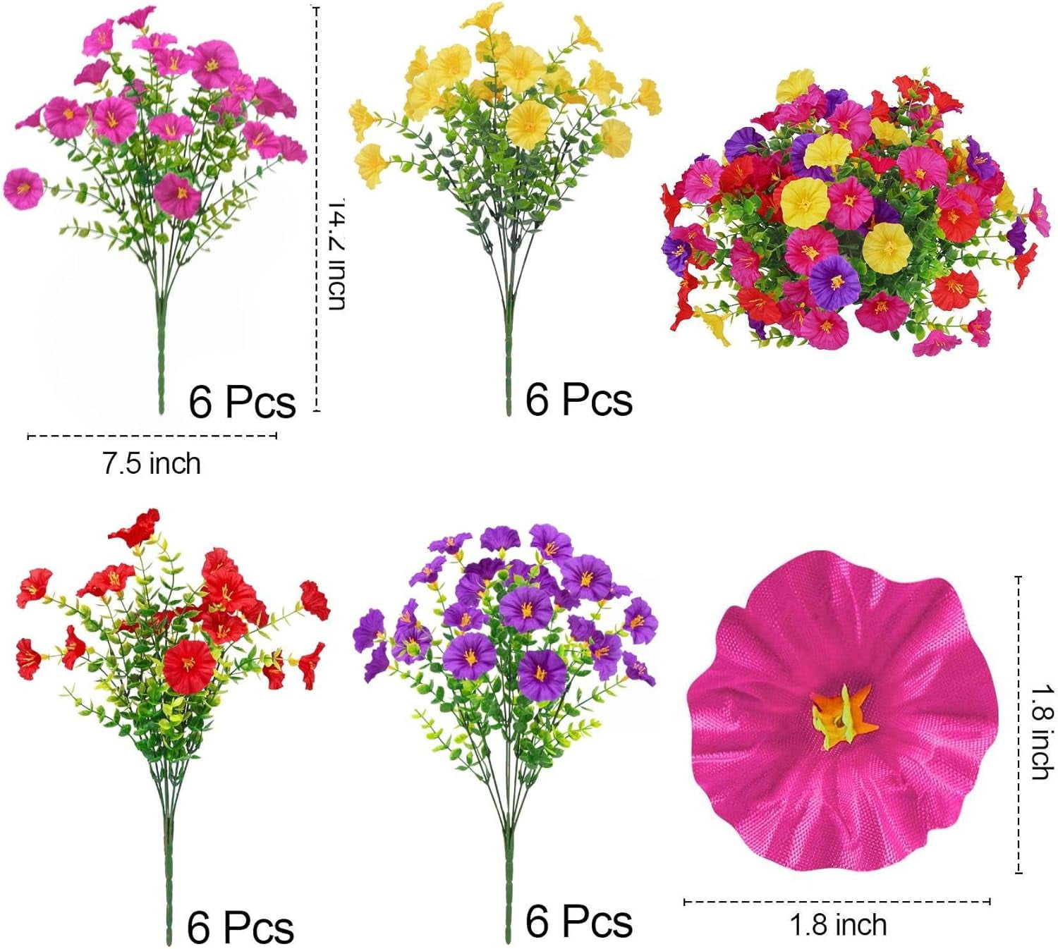 24 Bundles for Outdoors Decoration Fake Silk Morning Glory Flowers Faux Euc Plants UV Resistant for Porch Patio Garden Spring Summer Home Decor, Multicolor
