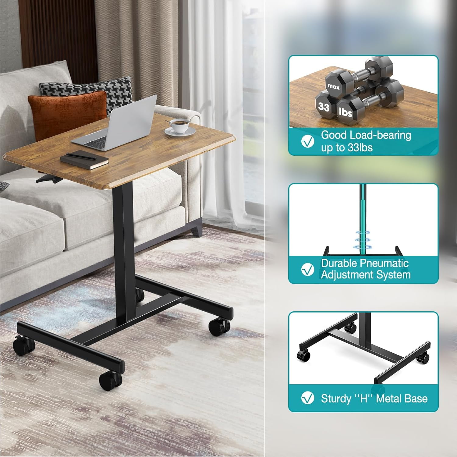 Small Standing Desk, Mobile Stand up Desks with Lockable Wheels, Adjustable Height, 26 Inch Portable Rolling Laptop Computer Desks for Home, Brown
