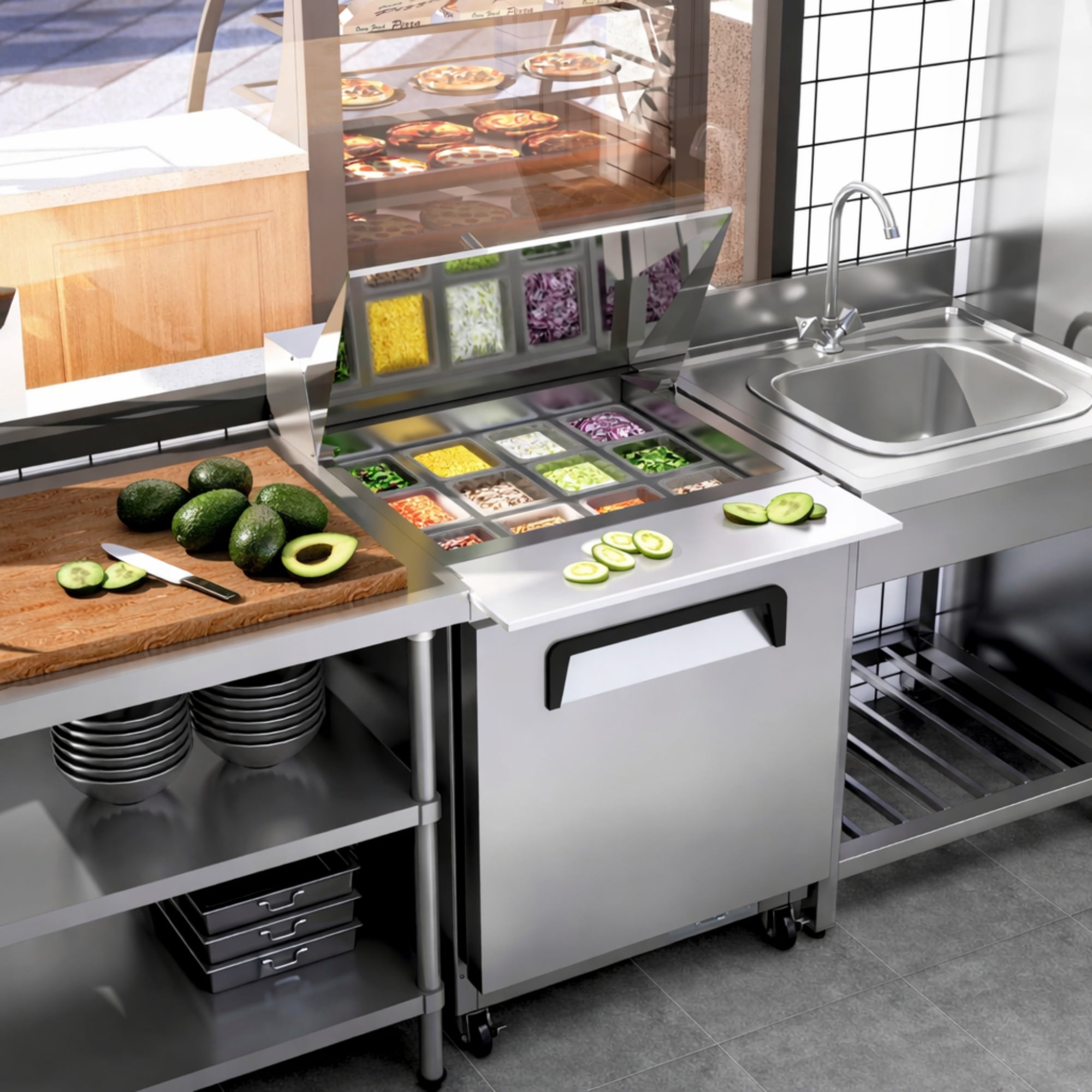 27.5 in. Commercial Mega Top Sandwich Prep Table Refrigerator, Stainless Steel Salad & Pizza Prep Station with 12 Pan Slots, Undercounter Fridge with Digital Temperature Control and Wheels