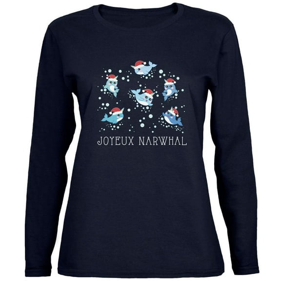 Christmas Joyeux Narwhal Noel Womens Long Sleeve T Shirt Navy LG