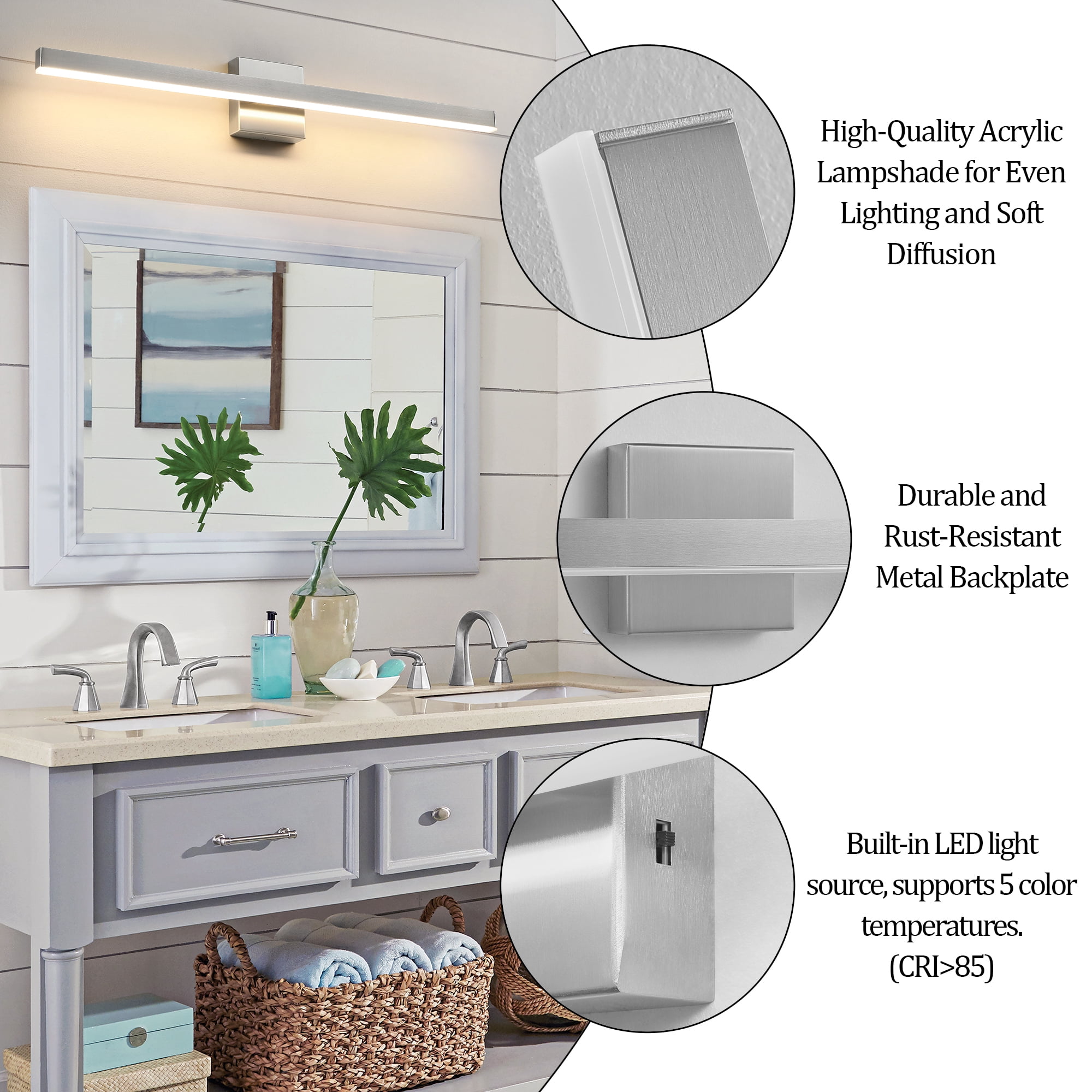 Minimalist Linear LED Modern Lighting Fixtures 32'' Bathroom Brushed Nickel Vanity Light Dimmable Over Mirror Wall Sconce for Bathroom