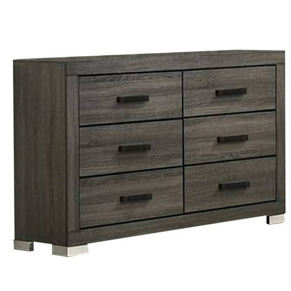 Benzara BM298944 57 in. Lola Wood Dresser with 6 Drawers & Metal Bar Handles, Dark Gray & Black