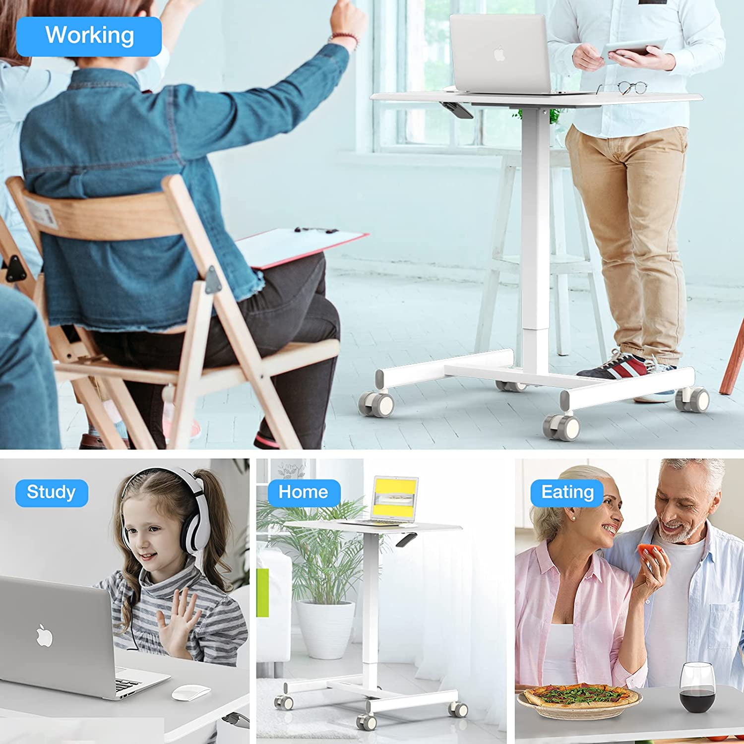 Small Standing Desk, Mobile Stand up Desks with Lockable Wheels, Adjustable Height, 26 Inch Portable Rolling Laptop Computer Desks for Home, White